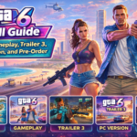 DTA 6 main characters with guns in open-world city setting